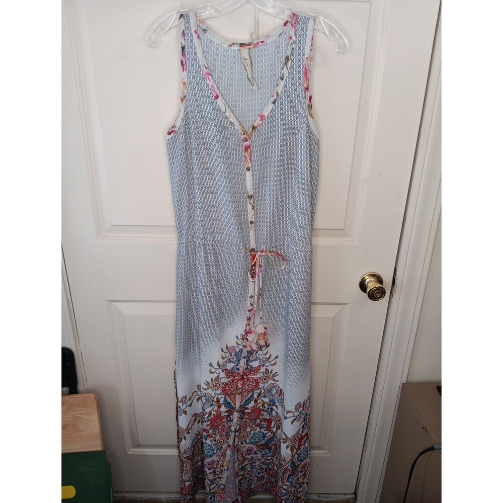 Aratta Silent Journey Maxi Dress XS Floral Sleeveless Drawstring Button Up EUC